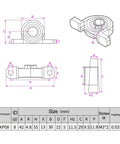 Diagram of KP08 bearing block dimensions for use with 3D Printer Lead Screw T8 8Mm OD 2Mm Pitch With Horizontal Nut Set, showing size and specs.