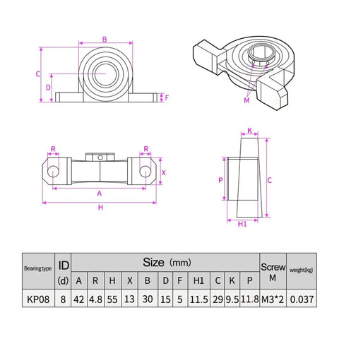 Diagram of KP08 bearing block dimensions for use with 3D Printer Lead Screw T8 8Mm OD 2Mm Pitch With Horizontal Nut Set, showing size and specs.
