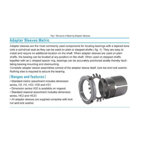 1 Piece Adapter Sleeve With Withdrawal And Lock Nuts For Metric Bearings H309 In 52100 Chrome Steel With Anti Rust Oil Coat Ra 0.05 Finish And Heavy Duty Torque Capacity Details Fits H305 To H313 Bearing Accessories