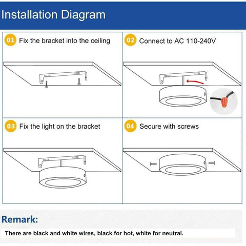 Installation diagram showing steps for 18 Watt Flush Mount LED Ceiling Light 8.86 Inch Surface Mounted Fixture Daylight White 5000K