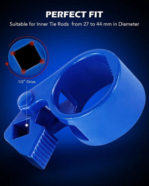 Close-up of blue inner tie rod removal tool for 27–44 mm range with 1/2 in drive.