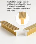 Five Pack Gold Cabinet Pulls With 3 Inch Hole Center Brushed Brass Finish, T-shaped design, aluminum alloy, in flat modern style.