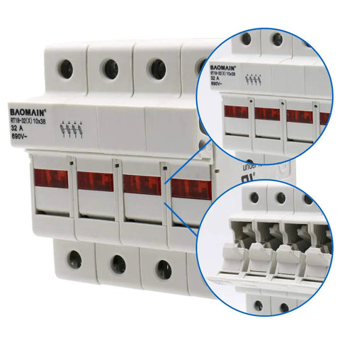 Heavy Duty 4 Pole DIN Rail Fuse Holder for 10x38mm Fuses, 32A 690VAC, RT18-32 Compatible, LED Indicator, 35mm Mount