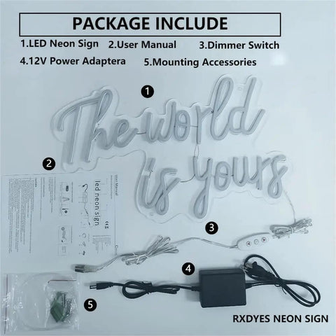 World Is Yours White LED Neon Sign For Bedroom Decor Bar Party And Cafe Vibe, USB Powered 17x11 Inches package contents