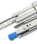 Built Tough Full Extension Ball Bearing Drawer Slides With Dead Bolt Lock And Silky Smooth Glide Silver cabinet runners close-up view.