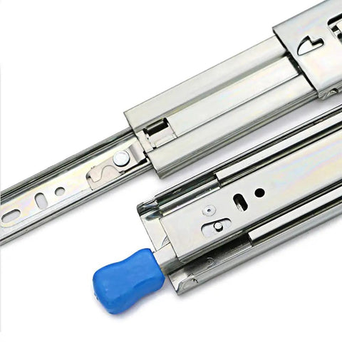 Built Tough Full Extension Ball Bearing Drawer Slides With Dead Bolt Lock And Silky Smooth Glide Silver cabinet runners close-up view.