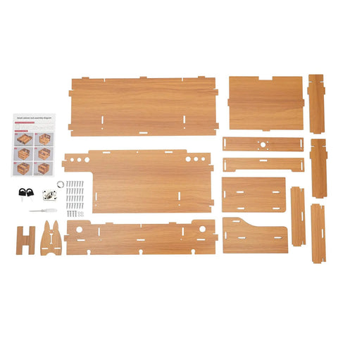 Transform Your Workspace With These Solid Wood Monitor Risers Featuring A Lockable Storage Drawer With Secure Laptop Stand Built Like Iron To Keep Your Desk Slick And Super Organized Daily assembly parts layout on a white background.