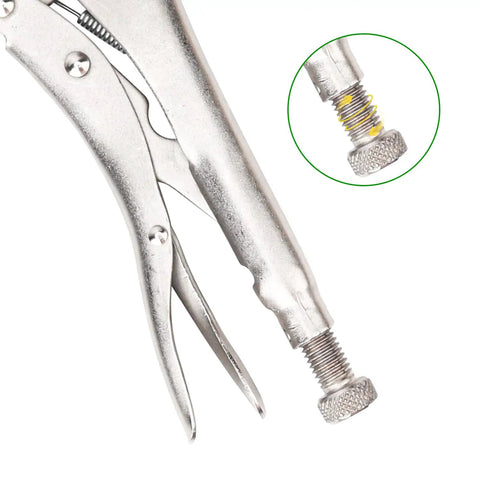 Close-up of Three Pack 18 Inch C Clamp Locking Pliers with Swivel Pads Pro Grade Heavy Duty Vise Grip Set for woodworking.