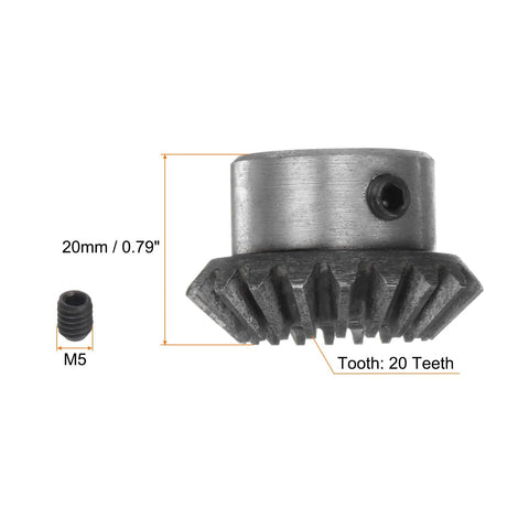 Beefy Bevel Gear Pair For Hardware Rotation 1 To 1 1.5 Module, 20 Teeth gear, 10mm bore, with M5 fixing holes visible, 45 steel