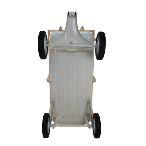 Bottom view of Beefy All Terrain Pull Wagon With Removable Wooden Side Panels And Solid Tires, Heavy Duty Yard And Garden Pull Along Wagon, 176 Lb Load Capacity, Foldable Long Handle For Easy Storage, White.