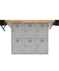64 Inch Heavy Duty Workbench With Four Adjustable Bench Vises And Twelve Vertical Storage Lockers Top Shelf Maple Hardwood showing gray lockers and maple surface.