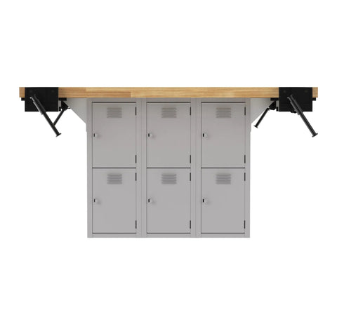 64 Inch Heavy Duty Workbench With Four Adjustable Bench Vises And Twelve Vertical Storage Lockers Top Shelf Maple Hardwood showing gray lockers and maple surface.