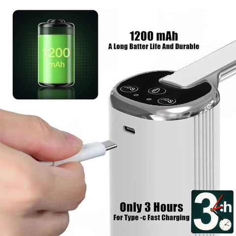 On The Go 5 Gallon Water Dispenser Pump With USB Type C Charging Foldable Spout Digital Display Food Grade Hose featuring USB-C charging port and 1200 mAh battery