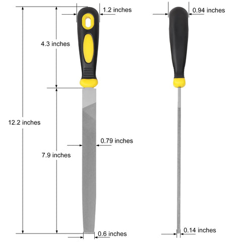 8 Inch Flat Metal File With 12 Inch Total Length, Anti Slip Ergonomic Handle, Hardened High Carbon Steel, Uniform Teeth shown with dimensions