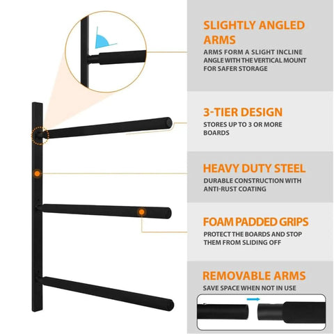 Detailed view of Badass Heavy Duty Steel Wall Mount Paddle Board Rack And Surfboard Hanger showcasing 3-tier design and foam padded grips.