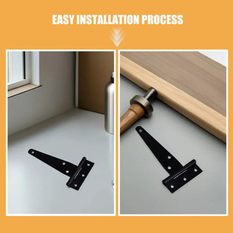 8 Pack Zinc Alloy T Shape Hinges for Wood Doors and Garden Fences, black hinge on table with installation tool