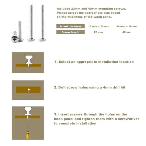 Illustration showing screw sizes, board thickness, and installation steps for Antique Tear Drop Walnut Drawer Pulls Set Two Pack With Screws.