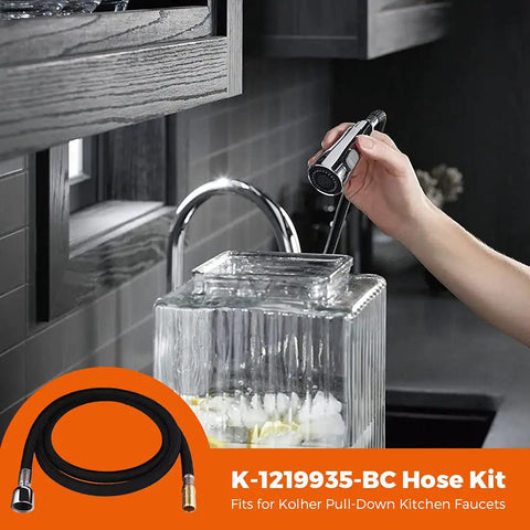 Person using 67-Inch Bright Chrome Hose Kit For Pull-Down And Pull-Out Kitchen Faucets Replacement Part with iced drink jar