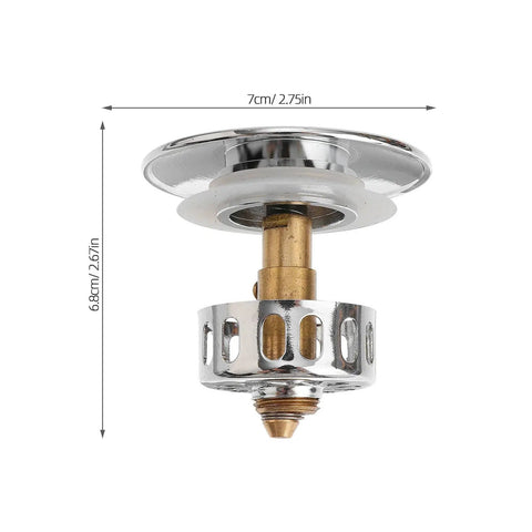 Copper Bathtub Drain Plug with Flat Seal Brass Push Button, chrome finish, dimensions 7cm x 6.8cm, designed for easy drainage.