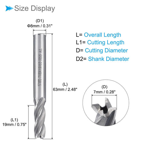 4 Flute Spiral End Mill Bit 7mm Diameter 19mm Cutting Length Heavy Duty High Speed Steel Milling Cutter size display.