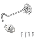 Quacc 4-inch stainless steel hook-and-eye latch set; includes latch, strike plate, and four screws.