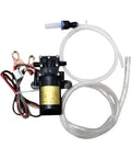 Must-Have 12V Self-Priming Oil Transfer Pump for fast fluid extraction with wires and hoses visible.