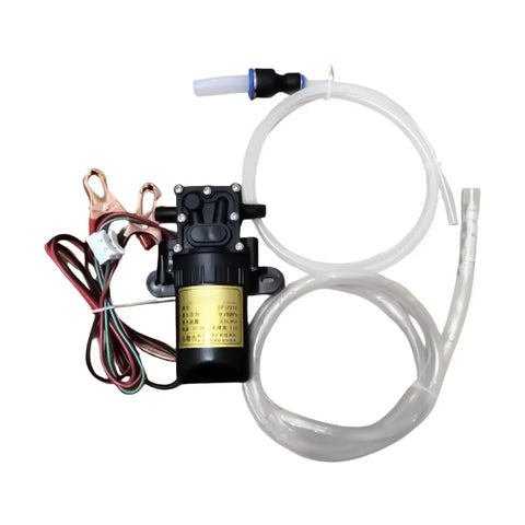 Must-Have 12V Self-Priming Oil Transfer Pump for fast fluid extraction with wires and hoses visible.