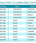 Compatibility chart for Front Wheel Hub And Bearing Assembly 513121M, listing Chevrolet and Buick models and years.