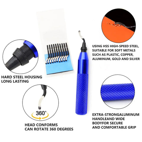 Ultimate YxGood Hand Deburring Tool Kit With 10 Extra Sharp Replaceable Blades, blue aluminum handle and HSS blades, 360 degree rotation