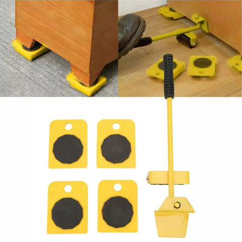 Heavy Duty Furniture Lifter And Mover Tool Set With 4 Roller Sliders for moving appliances, featuring yellow sliders and lever for 200kg capacity.