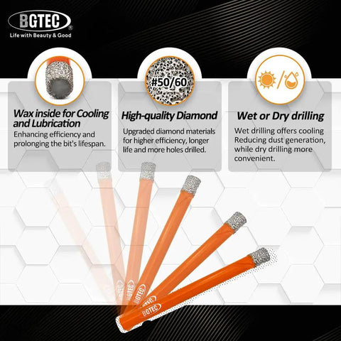 Dry Diamond Drill Bit Set For Granite Marble Masonry Concrete Tile Ceramic Glass And Hard Plastic with built-in cooling wax.