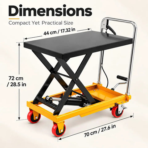 Heavy Duty Hydraulic Scissor Lift Table Cart Featuring Rock Solid Steel Frame And 500 Pound Capacity Plus 28 Point Five Inch Rise For Daily Commercial Shop Tasks dimensions showing compact practical size 44x70 cm and 72 cm rise.