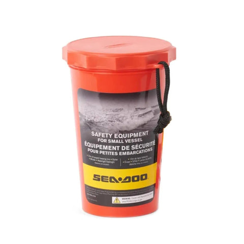 All In One Watercraft Safety Kit With 50 Ft Buoyant Line, Bailer, Whistle And Waterproof Flashlight For Jet Skis And Personal Watercraft in an orange container