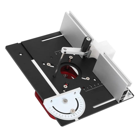 Four Jaw Clamping Router Lift System With 51mm Stroke And Precise 1mm Increments Base Plate Fit For 64 To 66mm Motors Engraving Slotting Chamfering And Table Saw Insert Setup For Pro Grade Woodworking Upgrades, aluminum alloy base plate with angle gauge