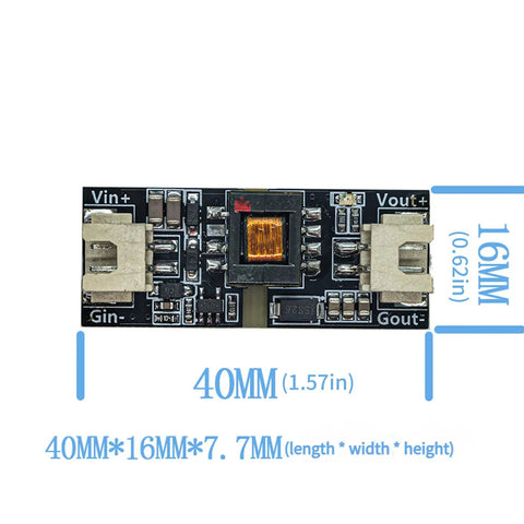 High Efficiency DC DC Boost Converter Module With Isolated PCB Board For Electronics Prototyping showing dimensions 40MM x 16MM x 7.7MM.