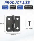 Three Quarter Inch Small Butt Hinge Set With Screws, Black Finish, showing dimensions and included screw, Pack Of 12 Hinges And 48 Screws