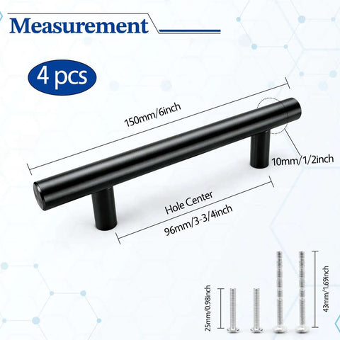 Matte Black Cabinet Handles 4 Pack, Three and Three Quarter Inch Hole Center Kitchen Cabinet Pulls, size dimensions shown.