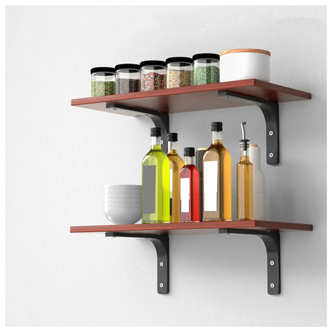 Heavy Duty L Shaped Corner Wall Mount Shelf Brackets With Thickened Steel Build For Floating Industrial Storage That Handle Load Like No Sweat And Bring Major Clean Vibes To Your Space In Black supporting wooden shelves with bottles and jars.