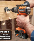 Pro Grade Brushless 18 Volt Cordless Drill Driver Kit With Compact Battery And Quick Charger in action, drilling into wood.