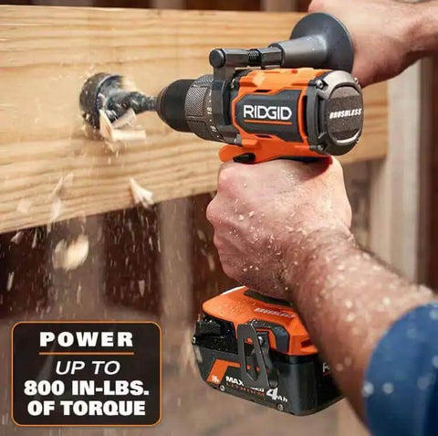 Pro Grade Brushless 18 Volt Cordless Drill Driver Kit With Compact Battery And Quick Charger in action, drilling into wood.