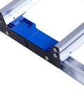 Close-up of Pro Grade Aluminum Router Sled With Adjustable Slab Flattening Jig showing precise positioning rail and low friction glide.