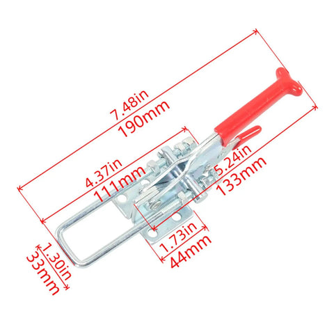 Pro Grade Toggle Latch Clamps 770lb Capacity 2 Pack for industrial gear showing dimensions and red handle