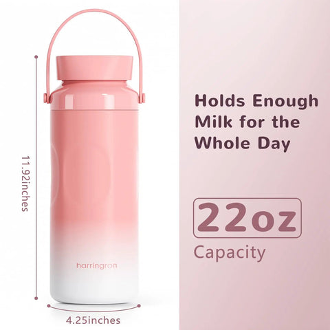 Portable Breastmilk Cooler For Travel And Daily Grind, Reusable 22oz bottle with pink design, measures 11.92 inches high for daily use.