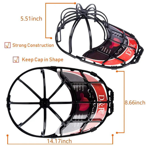2 Pack Hat Washer Cage For Washing Machine And Dishwasher, featuring dimensions and secure double hook lock system, black.