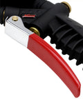 Close-up of Analog Pistol Grip Inflator With Pressure Gauge, 36 Inch Hose, Ball Chuck, Clip, Assembled In USA, durable grip