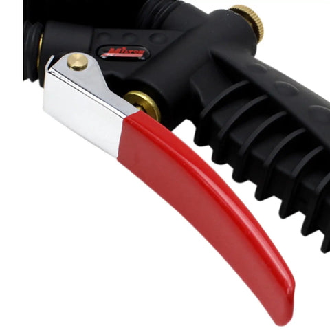 Close-up of Analog Pistol Grip Inflator With Pressure Gauge, 36 Inch Hose, Ball Chuck, Clip, Assembled In USA, durable grip