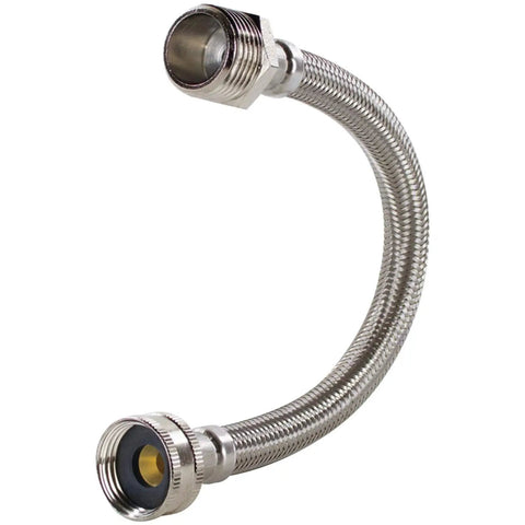 Braided Stainless Steel Water Inlet Hose With Three Quarters Inch MGH To Three Quarters Inch FGH, One Foot, displaying curved form