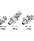 304 Stainless Steel Grease Fittings Kit Built To Last 15 Pcs Heavy Duty With Straight And Angled M6x1mm Metric Threads Including 90 Degree And 45 Degree Hydraulic Nipples For Machinery Tools And Equipment, showing three types of fittings with labels.