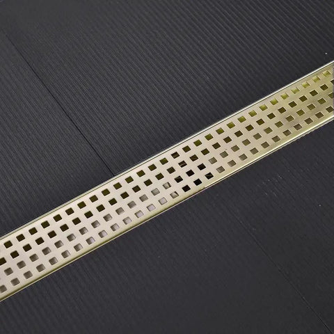 24 Inch Linear Shower Drain With Removable Cover Grid And Hair Catcher Brushed Gold Stainless Steel Trench Floor Drain