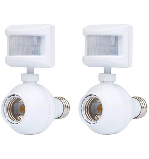 Outdoor Motion Activated Light Control Socket Two Pack, Auto On When Motion Is Detected, Auto Off After 10 Minutes, Works With LED CFL Halogen Incandescent Up To 150W, Weatherproof Plug In Sensor Lights, white